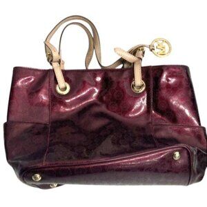 Michael Kors Burgundy Shoulder Patent Tote Bag With MK Monogram‎ Purse